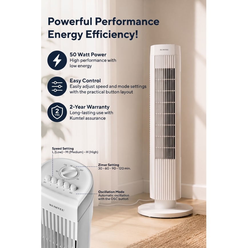 Sloupový ventilátor 50W/230V 74,5 cm bílá