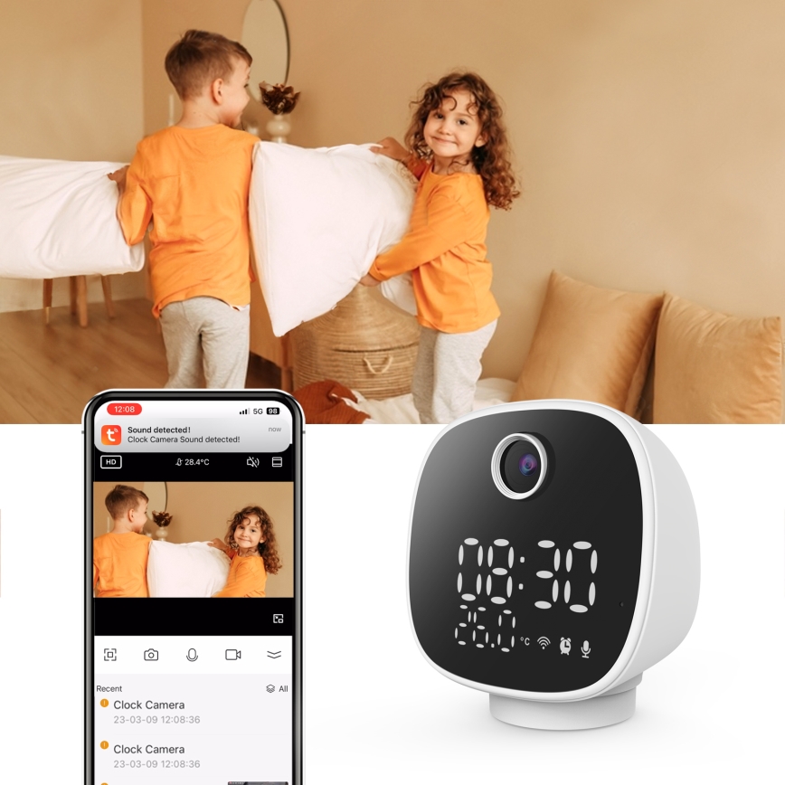 Chytrá kamera s budíkem, teploměrem a LED světlem 1296p 3Mpx 5V Wi-Fi Tuya IP65