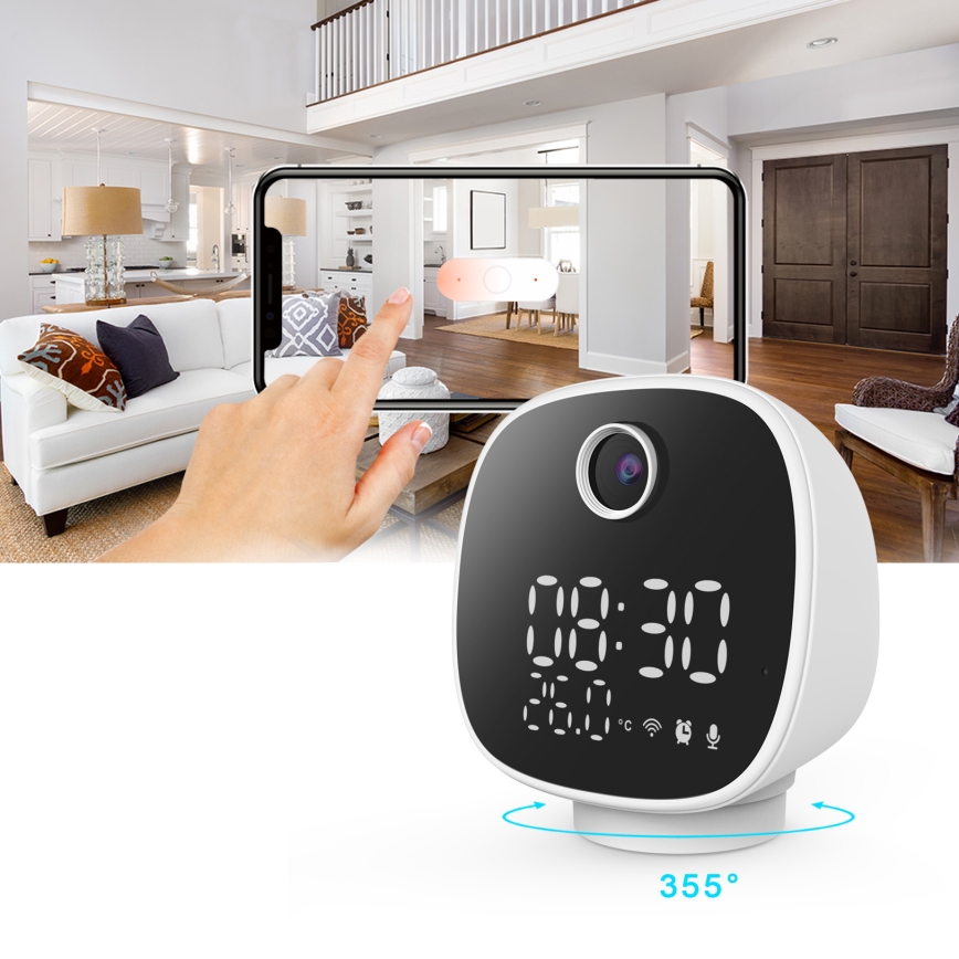 Chytrá kamera s budíkem, teploměrem a LED světlem 1296p 3Mpx 5V Wi-Fi Tuya IP65