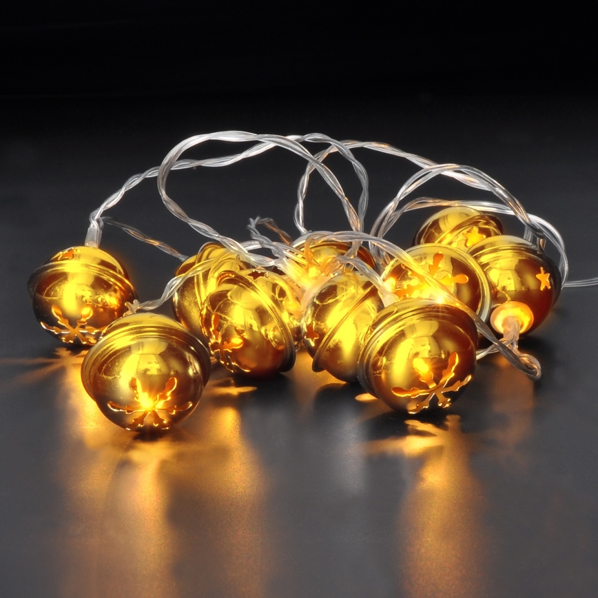 LED Vánoční řetěz 10xLED/2xAA/teplá bílá 1,8m rolničky