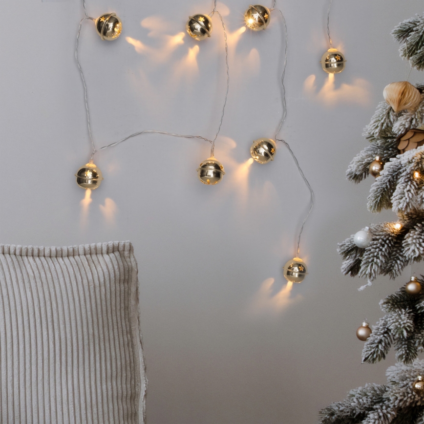 LED Vánoční řetěz 10xLED/2xAA/teplá bílá 1,8m rolničky