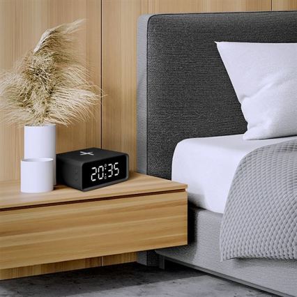 Digitální hodiny s Qi bezdrátovou nabíječkou 230V/CR2032 černá