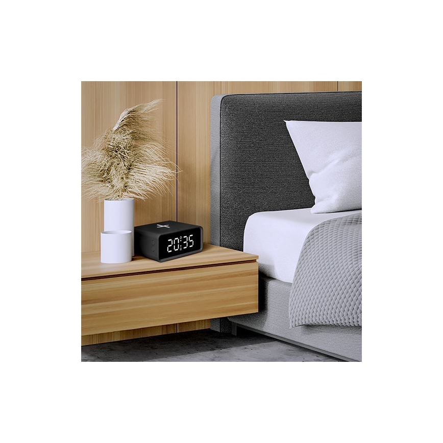 Digitální hodiny s Qi bezdrátovou nabíječkou 230V/CR2032 černá