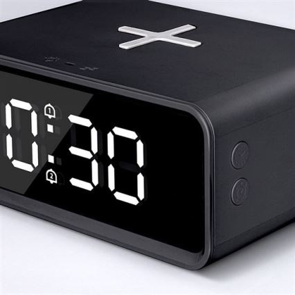 Digitální hodiny s Qi bezdrátovou nabíječkou 230V/CR2032 černá