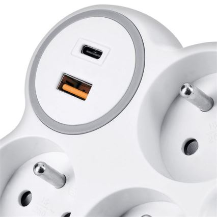 Rozbočka 3x 16A + USB A+C rychlonabíječka 20W