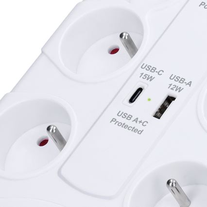 Prodlužovací kabel s vypínačem 8Z Typ E + 1xUSB-A + 1xUSB-C 2m bílá