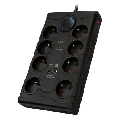 Prodlužovací kabel s vypínačem 8Z Typ E + 1xUSB-A + 1xUSB-C 2m černá