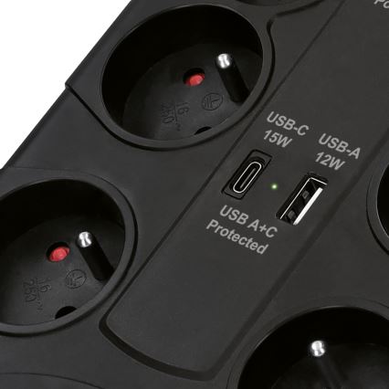 Prodlužovací kabel s vypínačem 8Z Typ E + 1xUSB-A + 1xUSB-C 2m černá