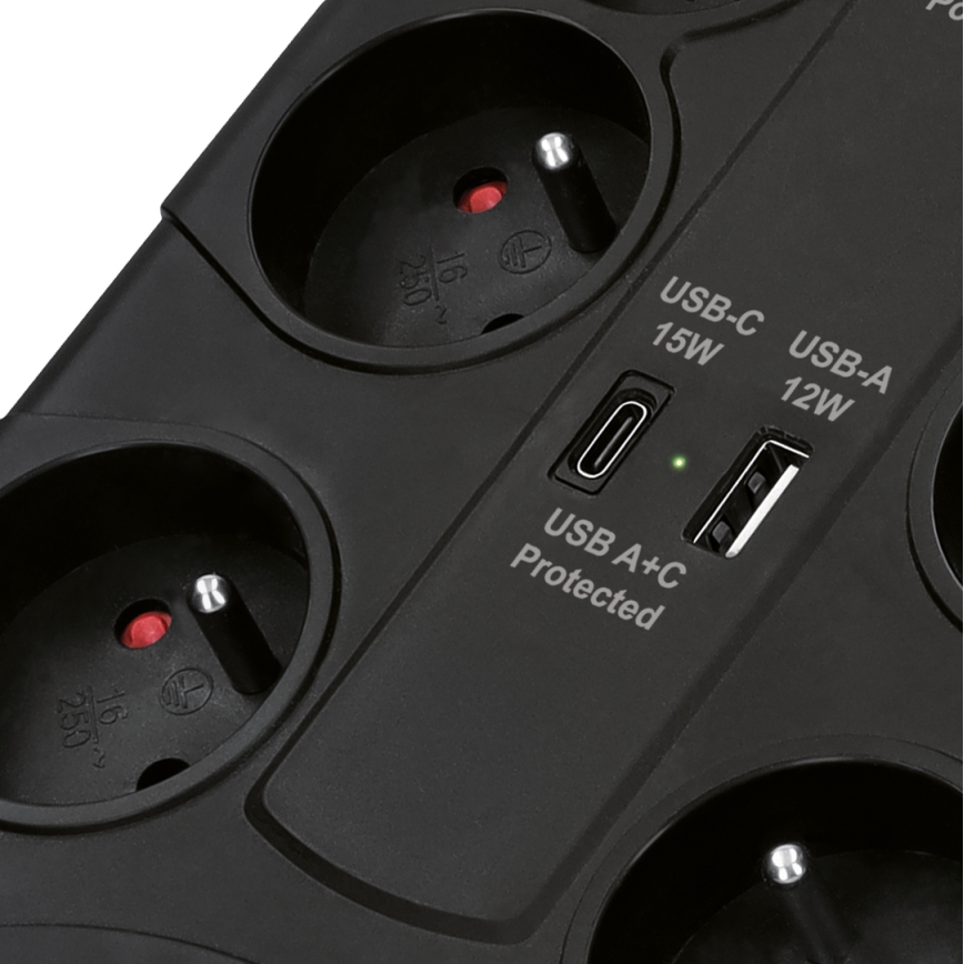 Prodlužovací kabel s vypínačem 8Z Typ E + 1xUSB-A + 1xUSB-C 2m černá