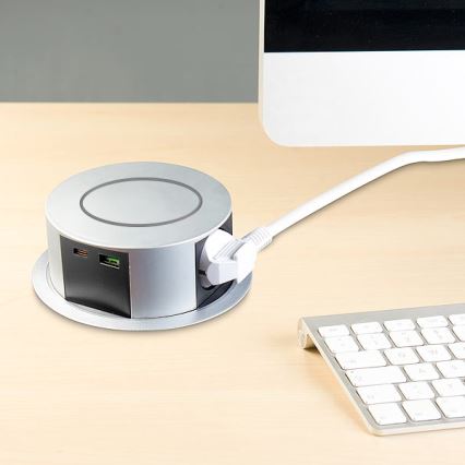Zásuvkový sloupek pro desku stolu s bezdrátovým nabíjením Qi 3x230V + 1xUSB-A + 1xUSB-C stříbrná/černá