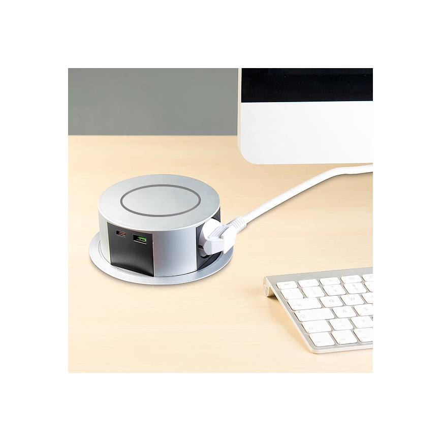Zásuvkový sloupek pro desku stolu s bezdrátovým nabíjením Qi 3x230V + 1xUSB-A + 1xUSB-C stříbrná/černá