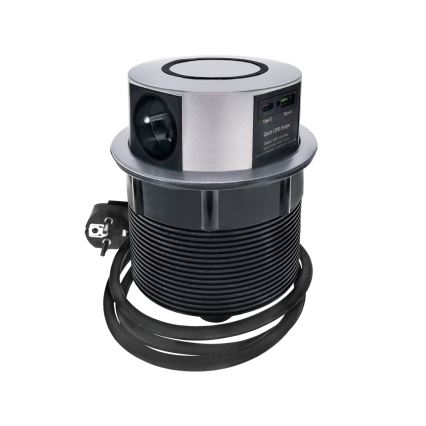 Zásuvkový sloupek pro desku stolu s bezdrátovým nabíjením Qi 3x230V + 1xUSB-A + 1xUSB-C stříbrná/černá