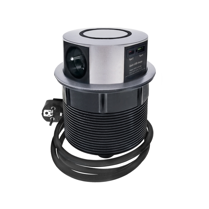 Zásuvkový sloupek pro desku stolu s bezdrátovým nabíjením Qi 3x230V + 1xUSB-A + 1xUSB-C stříbrná/černá