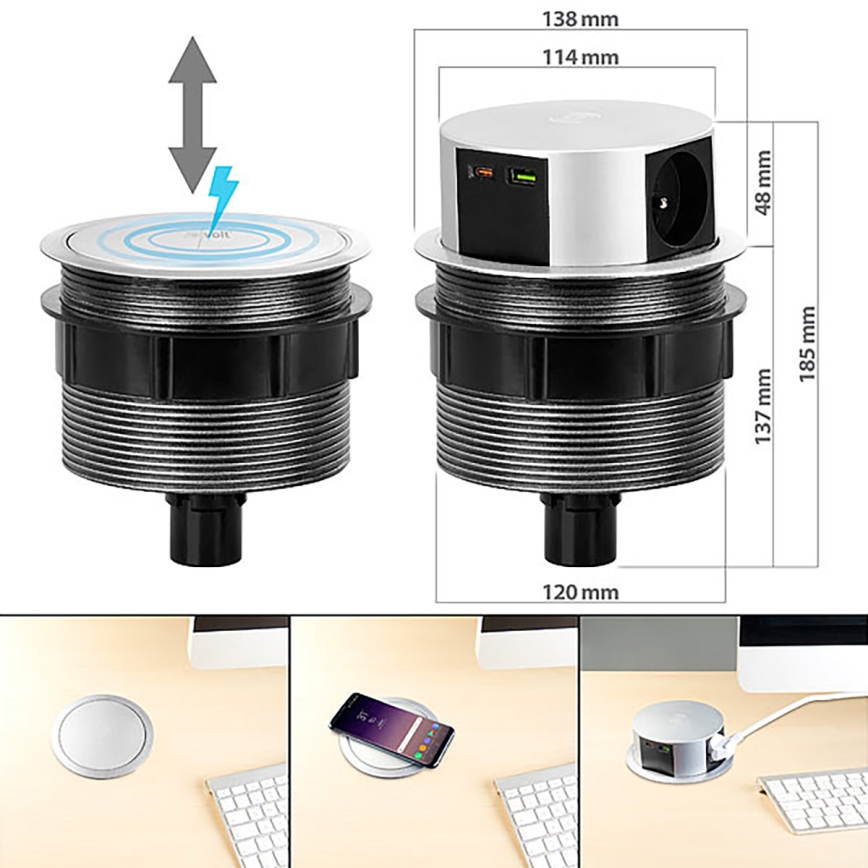 Zásuvkový sloupek pro desku stolu s bezdrátovým nabíjením Qi 3x230V + 1xUSB-A + 1xUSB-C stříbrná/černá