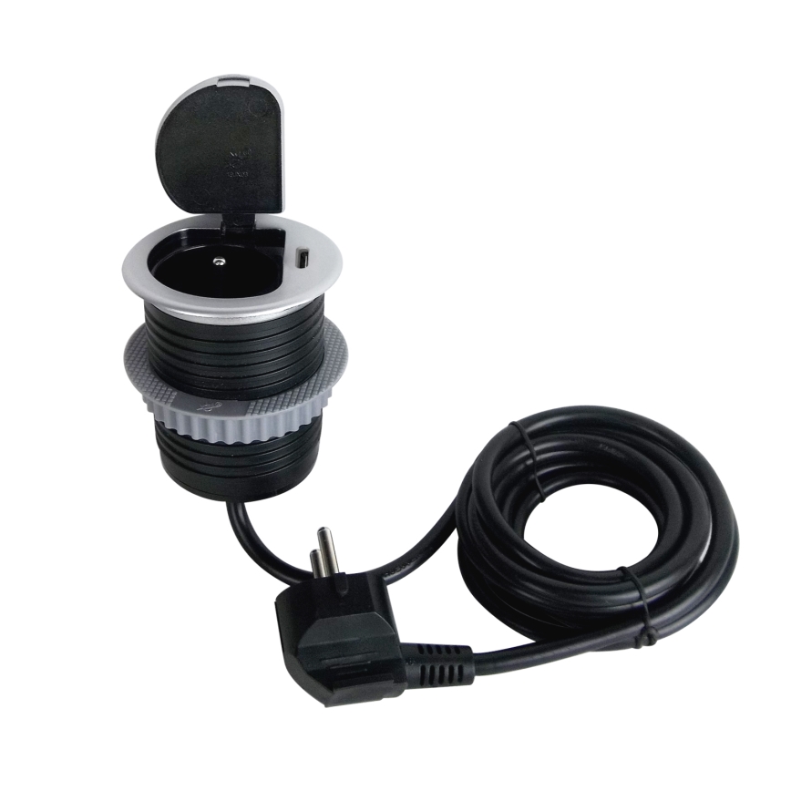 Zásuvkový sloupek pro desku stolu 1x230V + USB-C Power Delivery stříbrná/černá