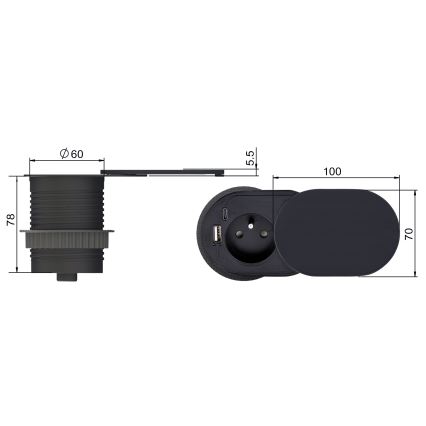 Vestavná zásuvka s posuvným víčkem 20W 1Z + USB A+C černá
