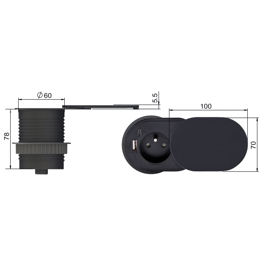 Vestavná zásuvka s posuvným víčkem 20W 1Z + USB A+C černá