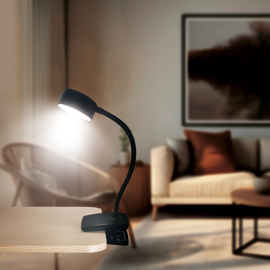 LED Stmívatelná flexibilní nabíjecí stolní lampa s klipem LED/2W/1800 mAh 3000/4000/6500K černá