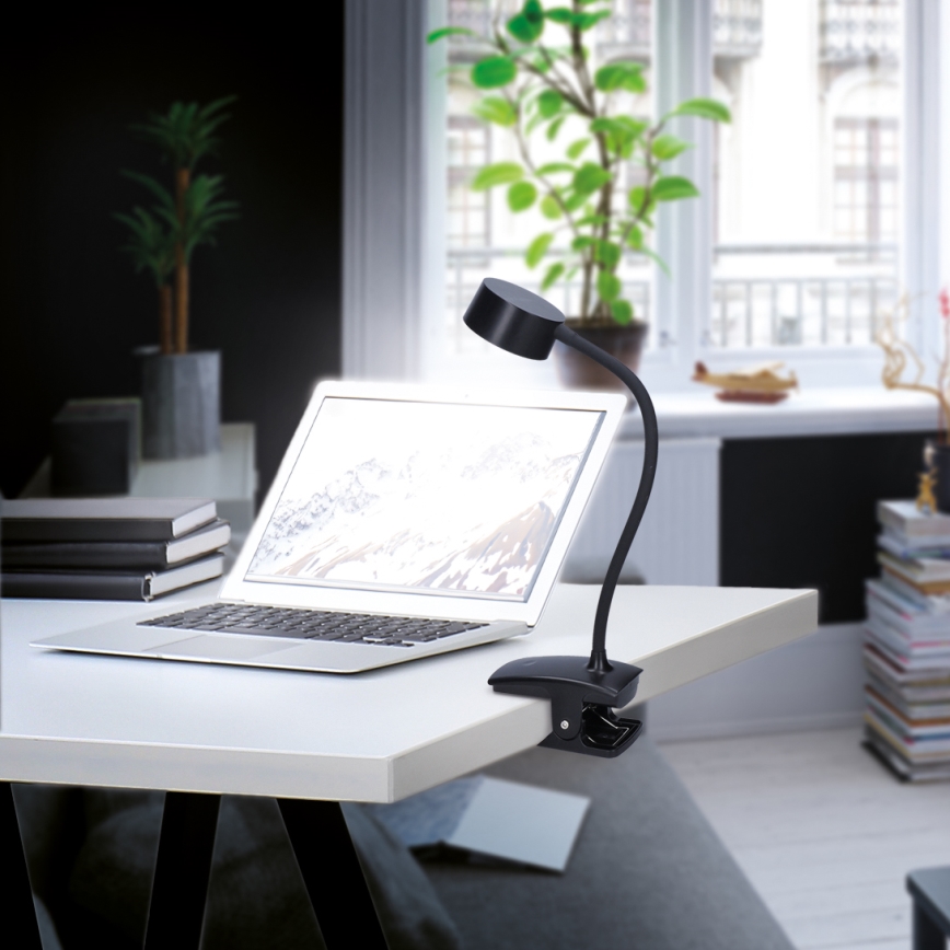 LED Stmívatelná flexibilní nabíjecí stolní lampa s klipem LED/2W/1800 mAh 3000/4000/6500K černá