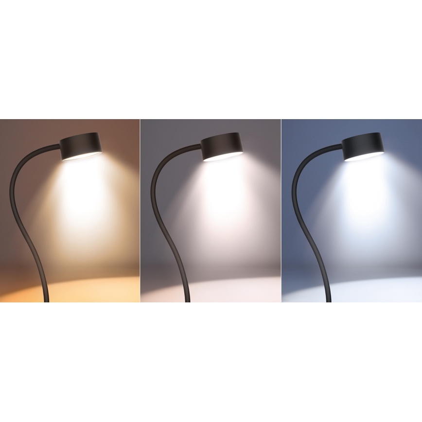 LED Stmívatelná flexibilní nabíjecí stolní lampa s klipem LED/2W/1800 mAh 3000/4000/6500K černá