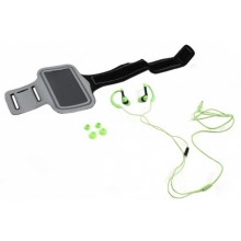 Sportovní sluchátka s mikrofonem a pouzdrem na paži zelená