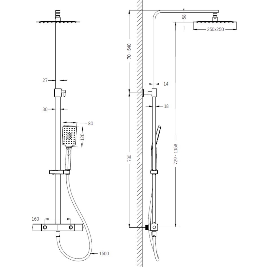 Sprchová sada s termostatickou baterií NAESBY lesklý chrom