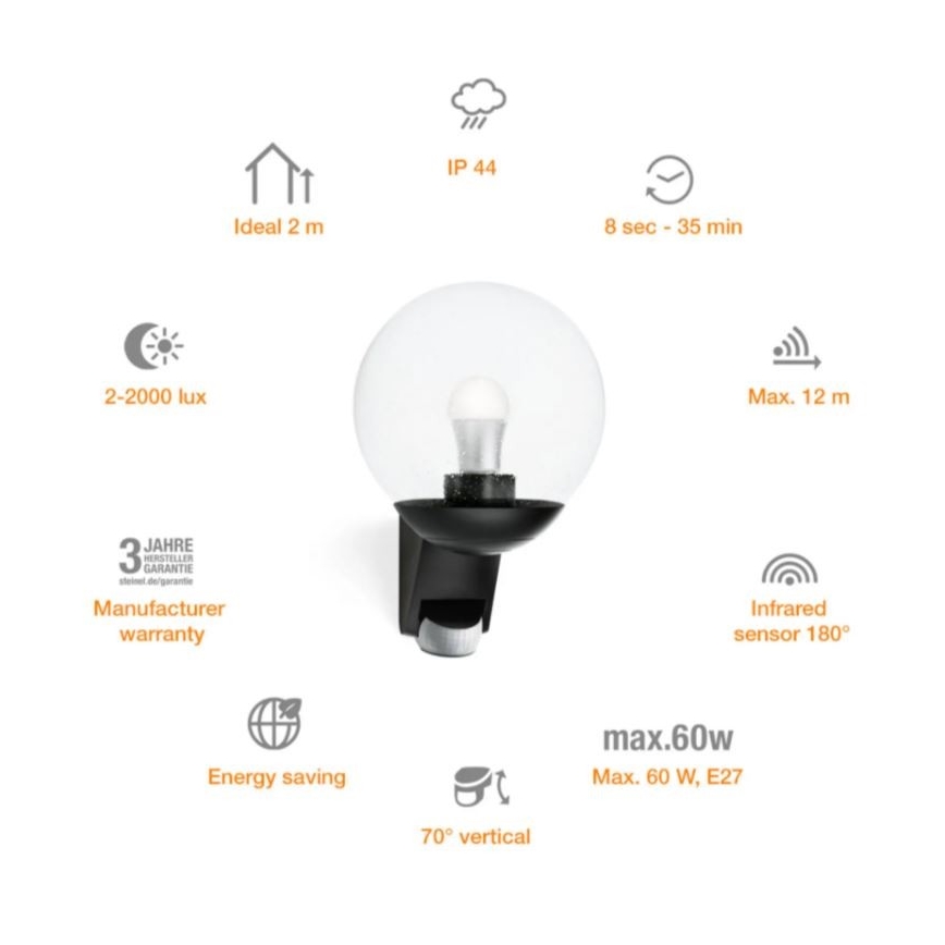 STEINEL 005535 - Venkovní nástěnné svítidlo se senzorem L585S 1xE27/60W černá IP44