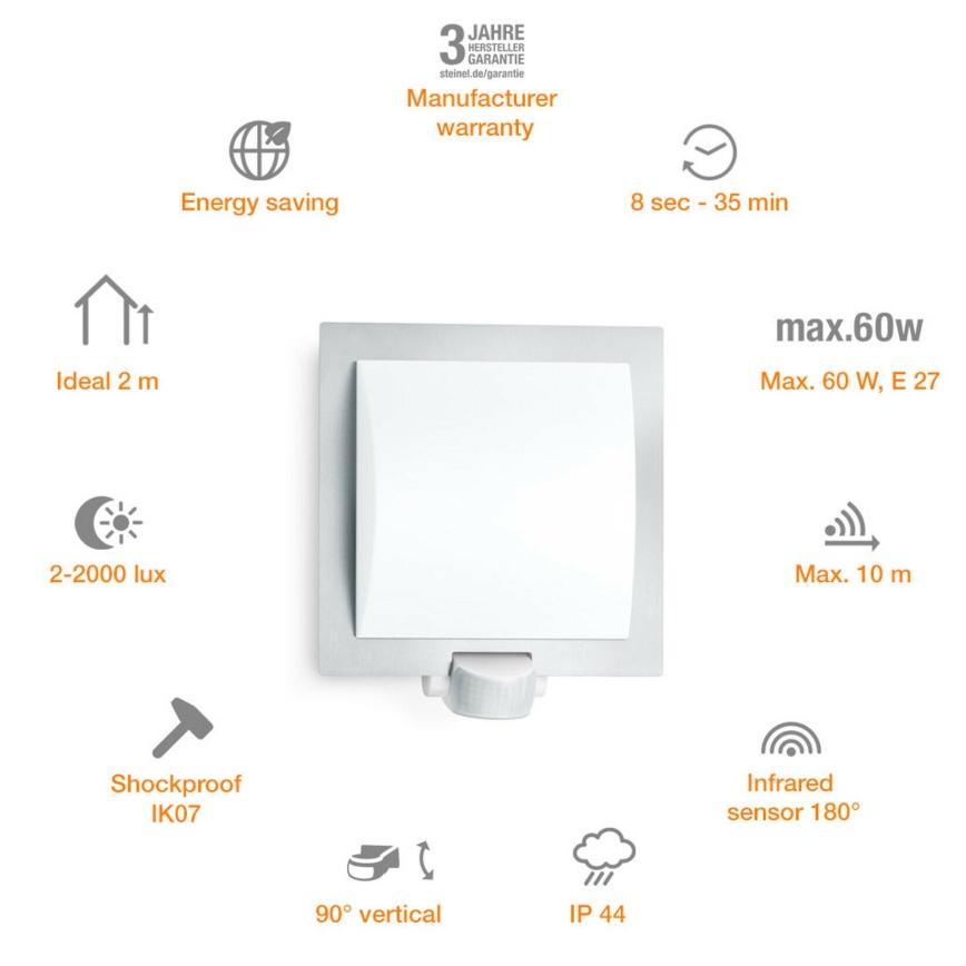 Steinel 566814 - Venkovní nástěnné senzorové svítidlo 1xE27/60W/240V L 20 S IP44