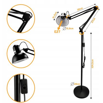 Stojací lampa 1xE27/40W/230V černá