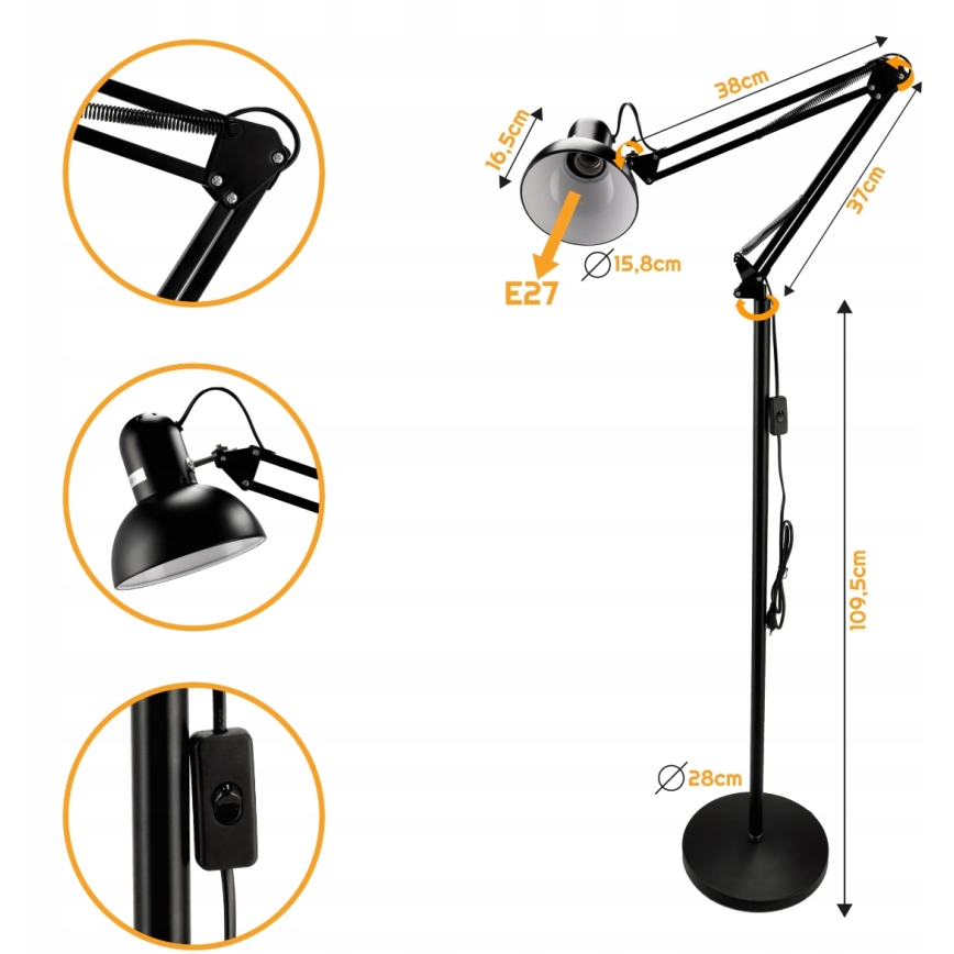 Stojací lampa 1xE27/40W/230V černá
