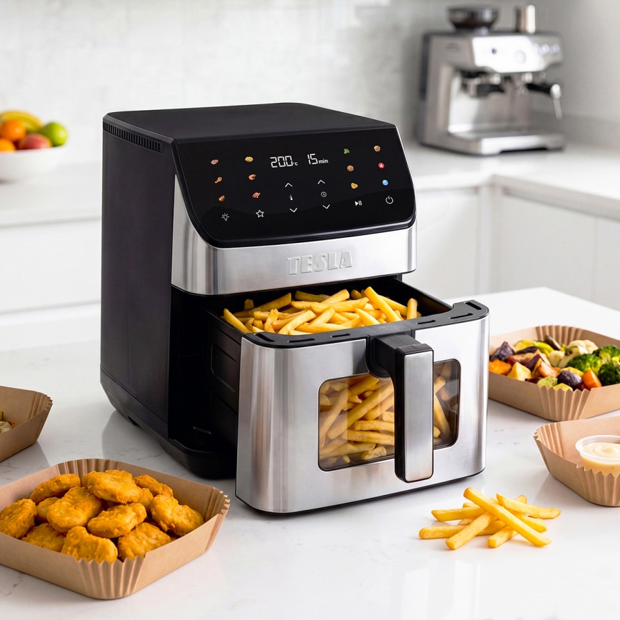 TESLA Electronics AirCook - Horkovzdušná fritéza 6,5 l 2100W/230V matný chrom/černá