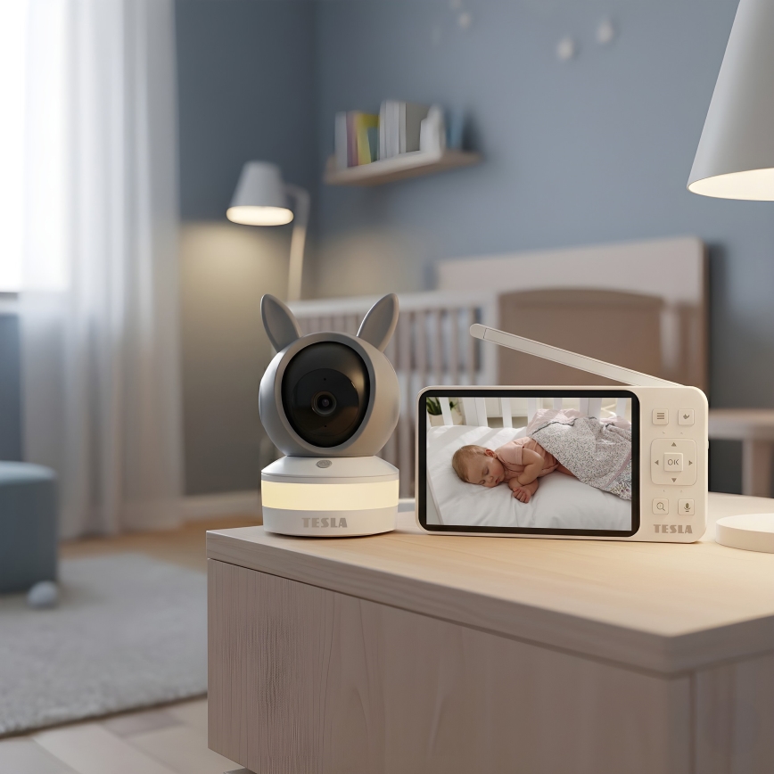 TESLA Electronics Bambino - Chytrá chůvička s monitorem 4 MP 2560p 5V 5000 mAh Wi-Fi Tuya šedá/bílá