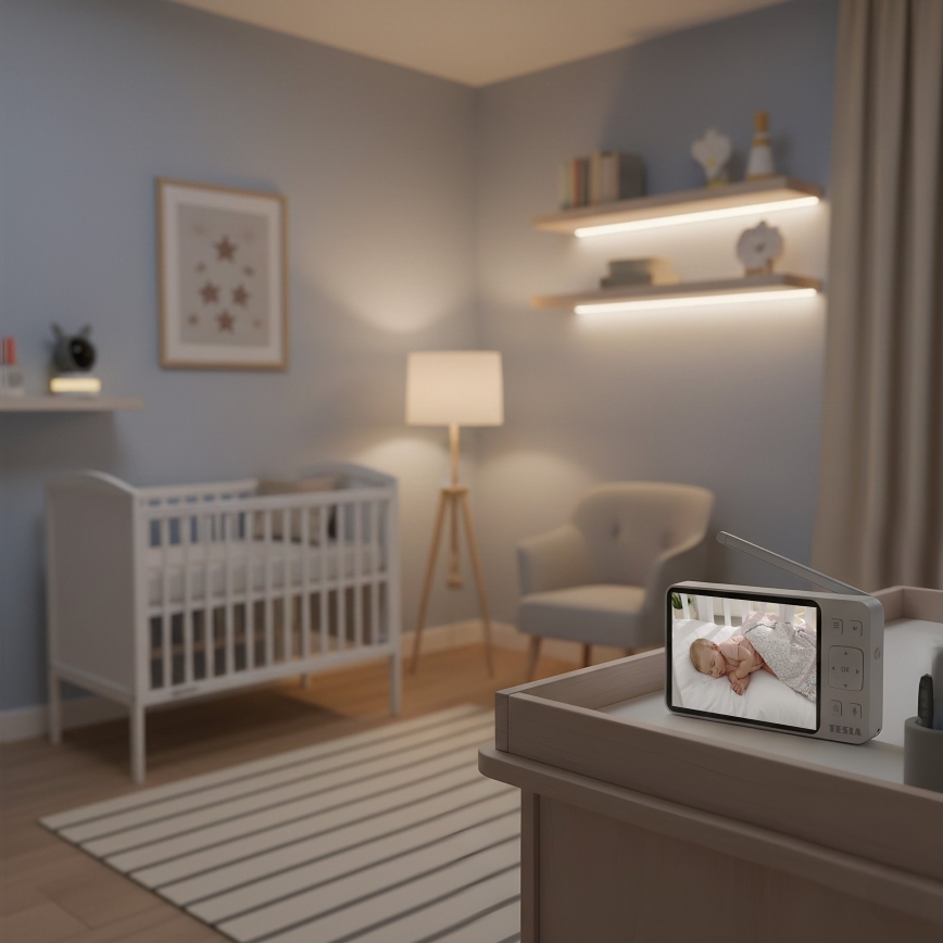 TESLA Electronics Bambino - Chytrá chůvička s monitorem 4 MP 2560p 5V 5000 mAh Wi-Fi Tuya šedá/bílá