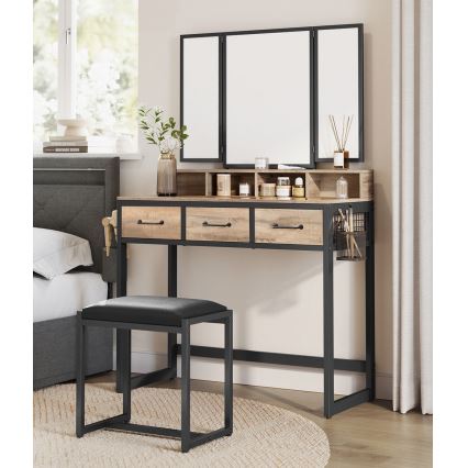 Toaletní stolek FLORA 90x40 cm + taburet 29x42 cm hnědá/černá