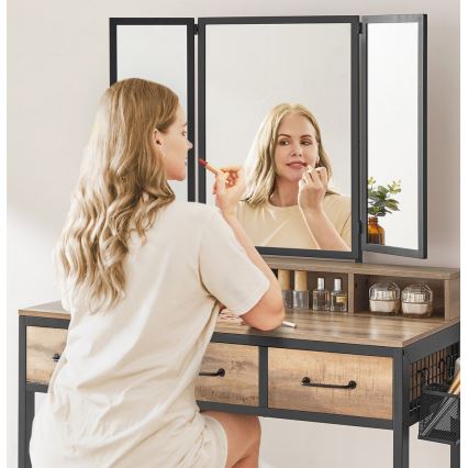 Toaletní stolek FLORA 90x40 cm + taburet 29x42 cm hnědá/černá