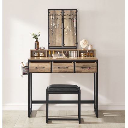 Toaletní stolek FLORA 90x40 cm + taburet 29x42 cm hnědá/černá