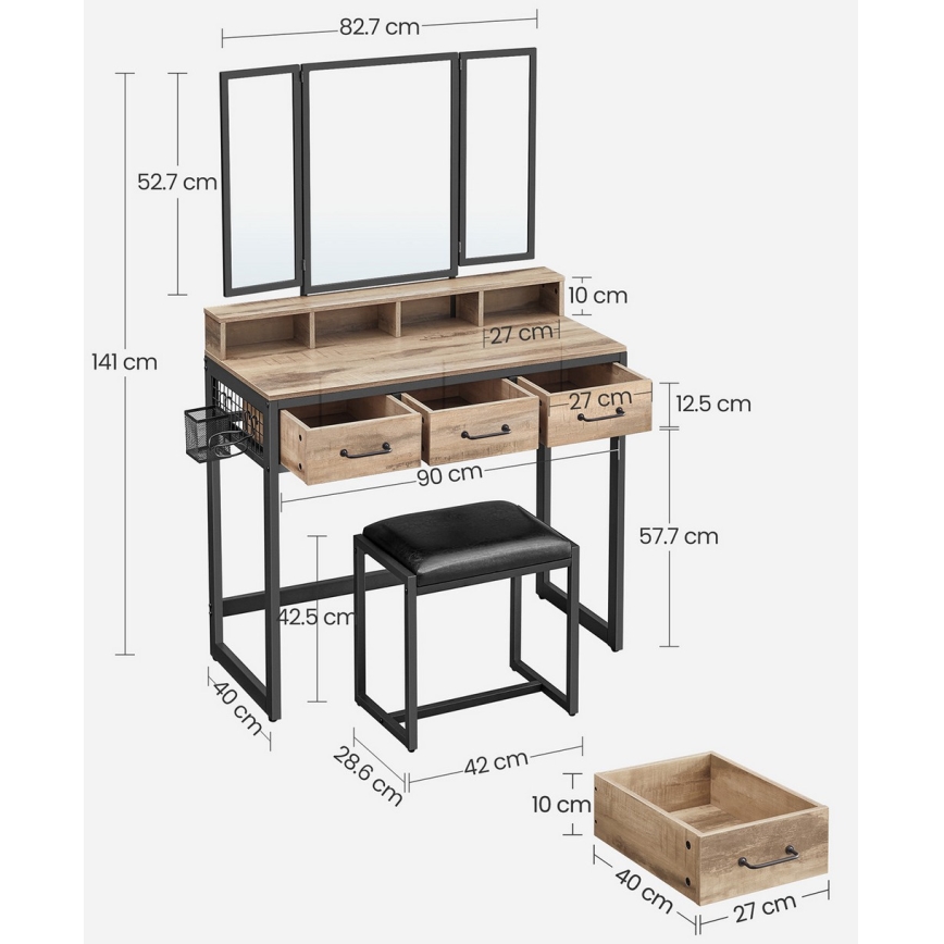 Toaletní stolek FLORA 90x40 cm + taburet 29x42 cm hnědá/černá