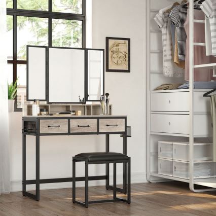 Toaletní stolek FLORA 90x40 cm + taburet 29x42 cm šedá/černá