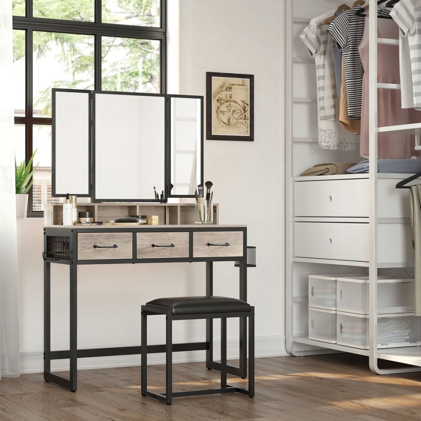 Toaletní stolek FLORA 90x40 cm + taburet 29x42 cm šedá/černá