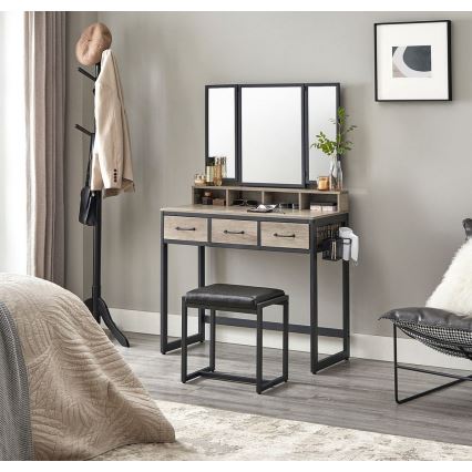 Toaletní stolek FLORA 90x40 cm + taburet 29x42 cm šedá/černá