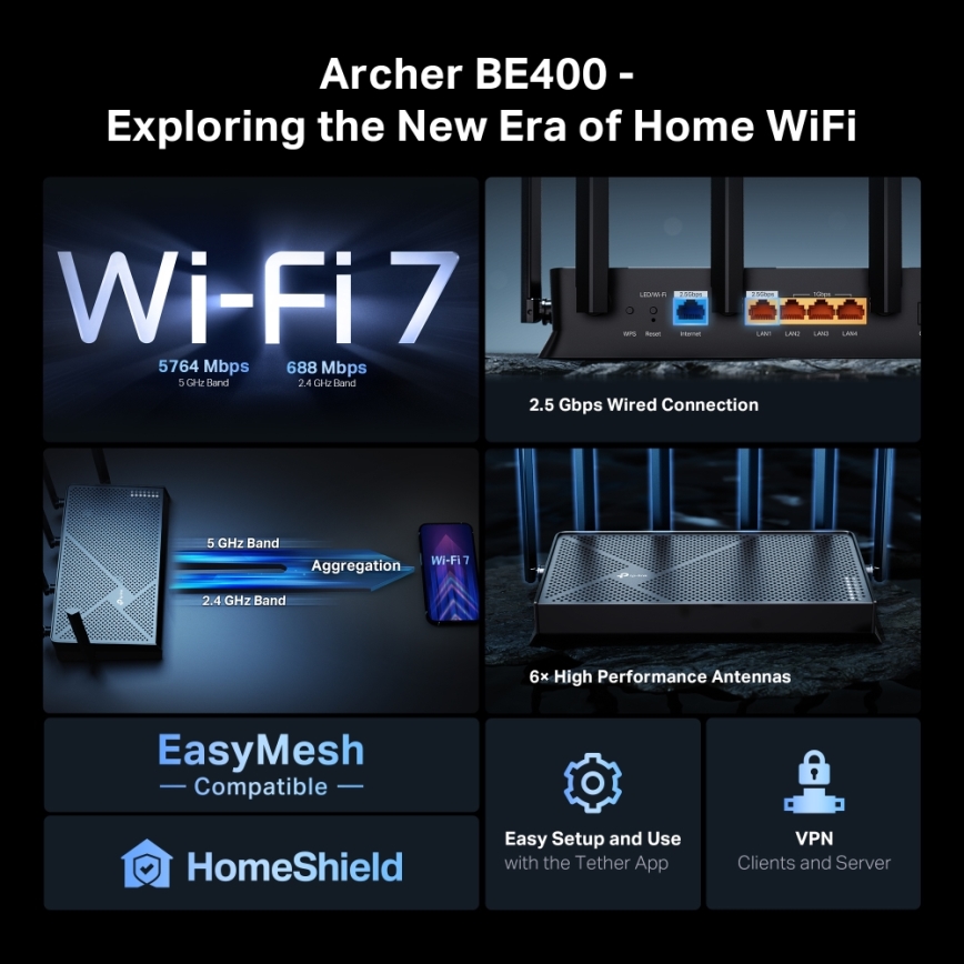 TP-Link - Dvoupásmový Wi-Fi 7 router Archer BE400