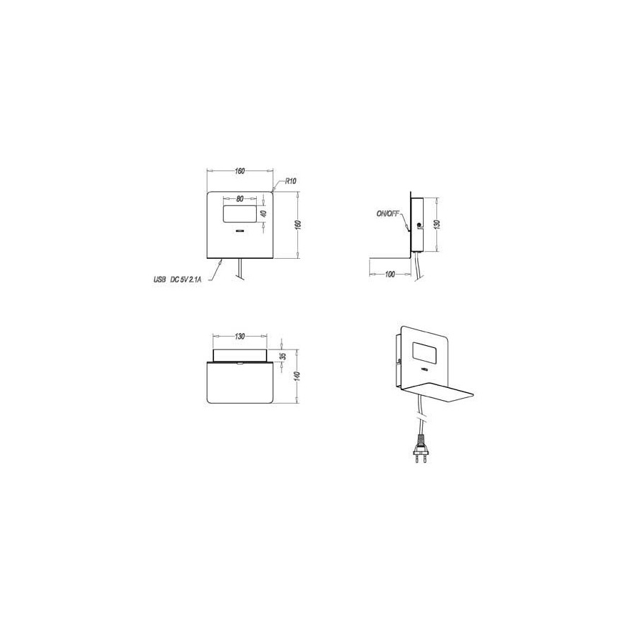 Trio - LED Nástěnné svítidlo s poličkou ALOFT LED/3W/230V + USB port