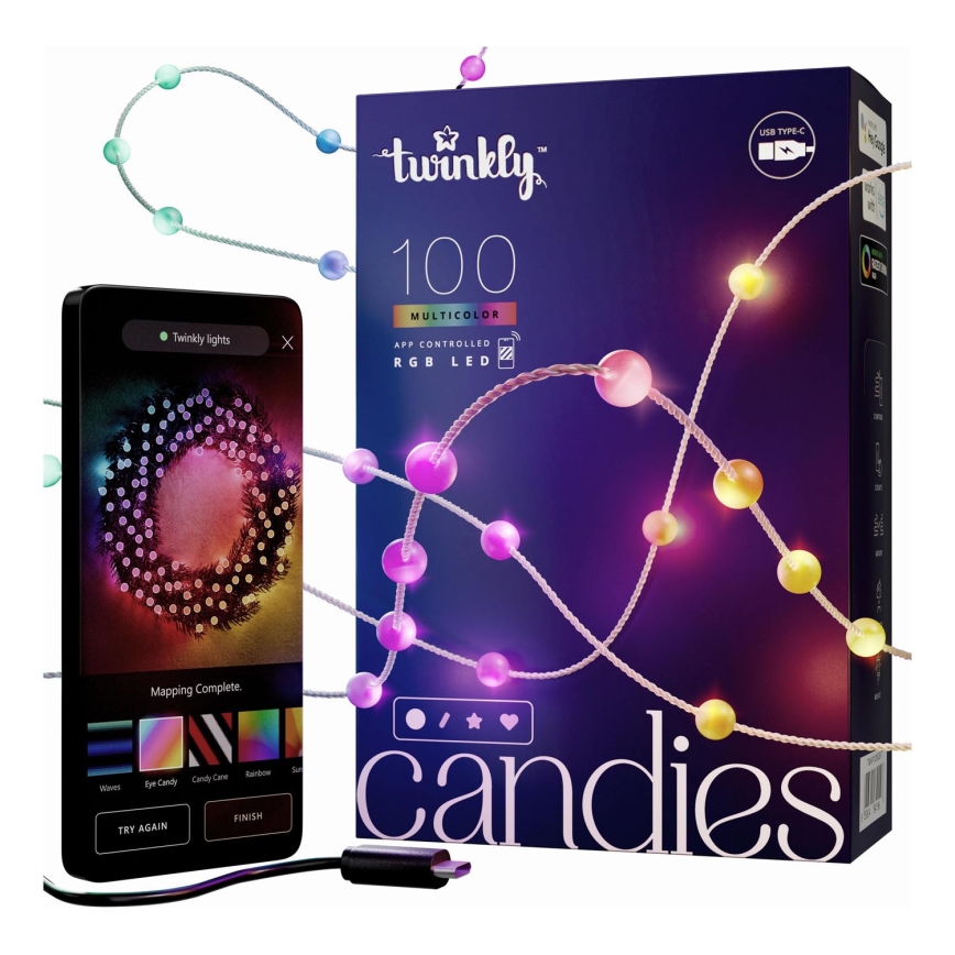 Twinkly - LED RGB Stmívatelný vánoční řetěz CANDIES 100xLED 8 m USB Wi-Fi