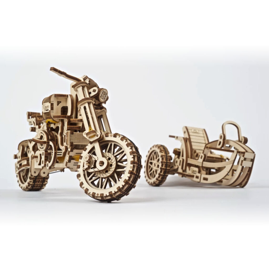 Ugears - 3D dřevěné mechanické puzzle Motorka scrambler s vozíkem