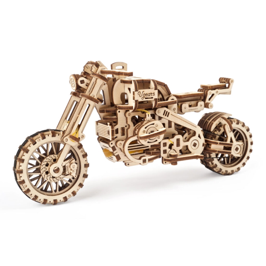 Ugears - 3D dřevěné mechanické puzzle Motorka scrambler s vozíkem