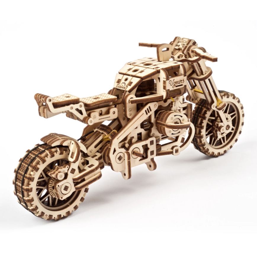 Ugears - 3D dřevěné mechanické puzzle Motorka scrambler s vozíkem