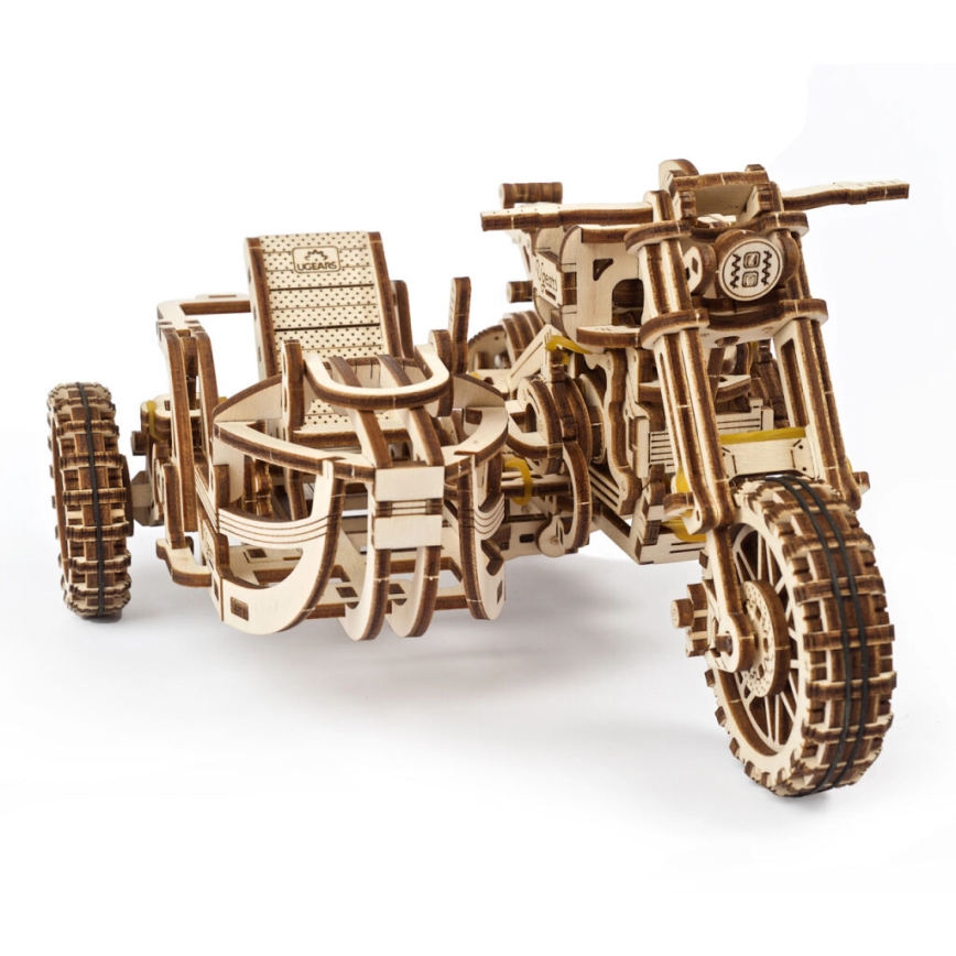 Ugears - 3D dřevěné mechanické puzzle Motorka scrambler s vozíkem