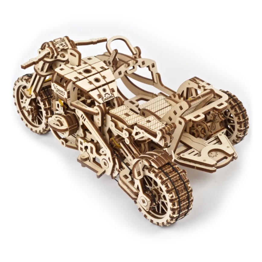 Ugears - 3D dřevěné mechanické puzzle Motorka scrambler s vozíkem