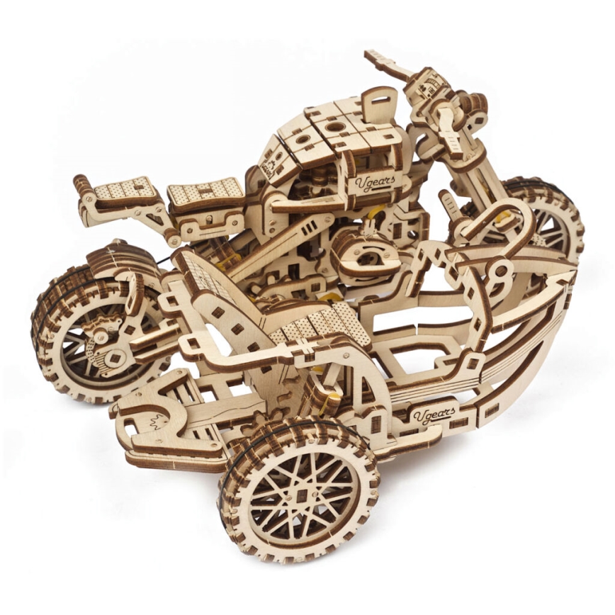 Ugears - 3D dřevěné mechanické puzzle Motorka scrambler s vozíkem