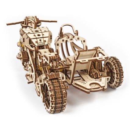 Ugears - 3D dřevěné mechanické puzzle Motorka scrambler s vozíkem